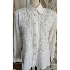Vintage Petite Sophisticate button down blouse Embroidered Floral Size 8P Ivory